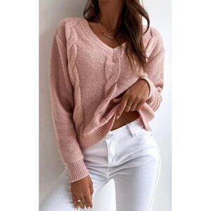 Casual Dusty Pink V-Neck Pullovers Plain